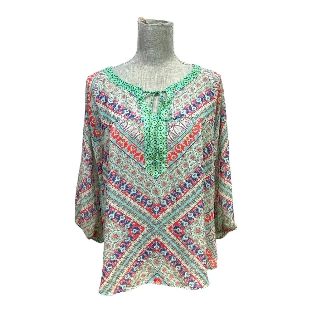 Antropology Fig and Flower blouse top tunic floral print women’s curvy size L Blue Size L - Image 2