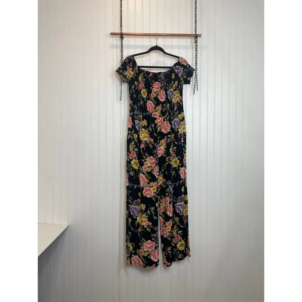 Nevena Rae Womens Jumpsuit Floral Multicolor Smocked Button Short Sleeve Size L Black Size L - Image 4