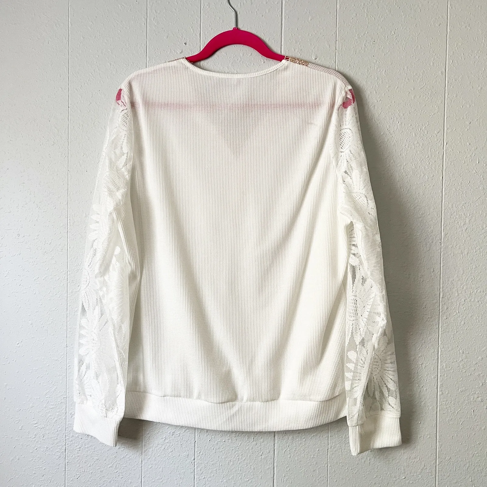 Waffle Knit Lace Sweater Womens XXL Stretch Modest Romantic Boho Clean Polished White - Image 6