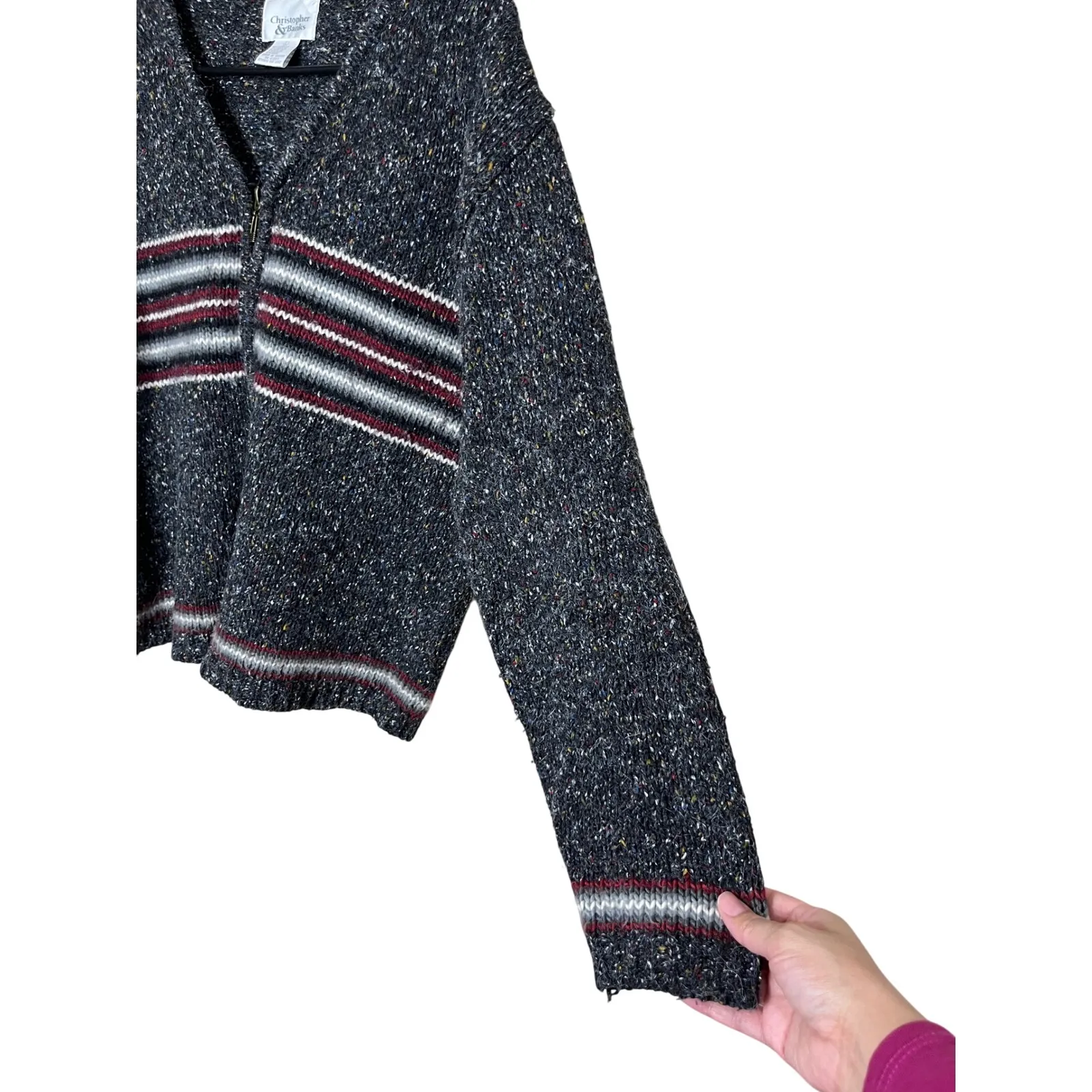 Vintage Christopher & Banks Speckled Knit Zip Up Cardigan Sweater Stripes Size L - Image 3