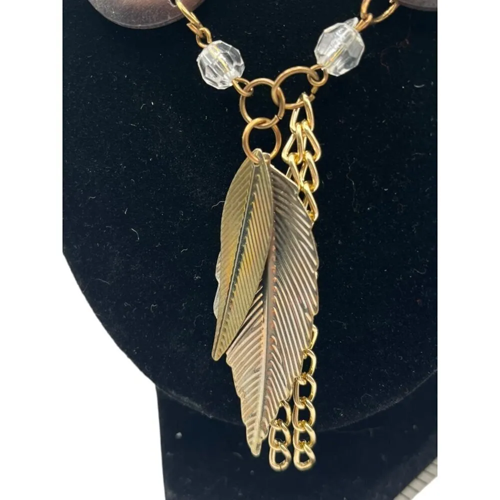 Southwestern Bohemian Gold Tone Leaf‎ Pendant Statement Necklace Earthy Tribal - Image 2