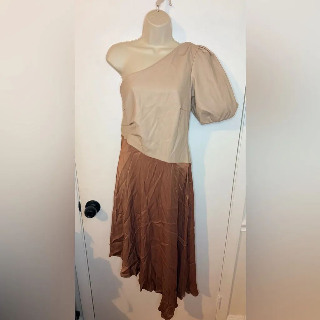 By Anthropologie Faux Leather Satin One Shoulder Asymmetric Midi Dress Size 10 - Image 5