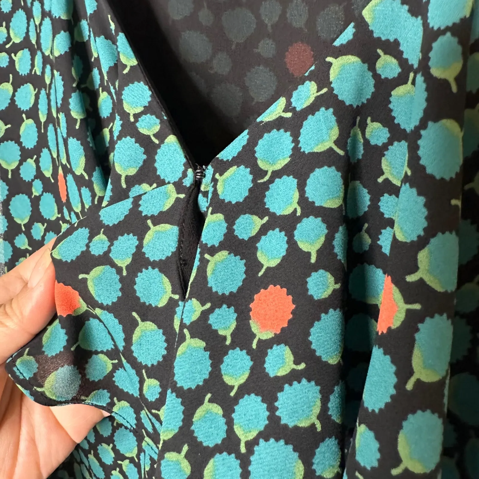 HD in Paris Anthro Teal Blue & Orange Print V Neck Midi Dress Size 10 Wrap Tie - Image 2