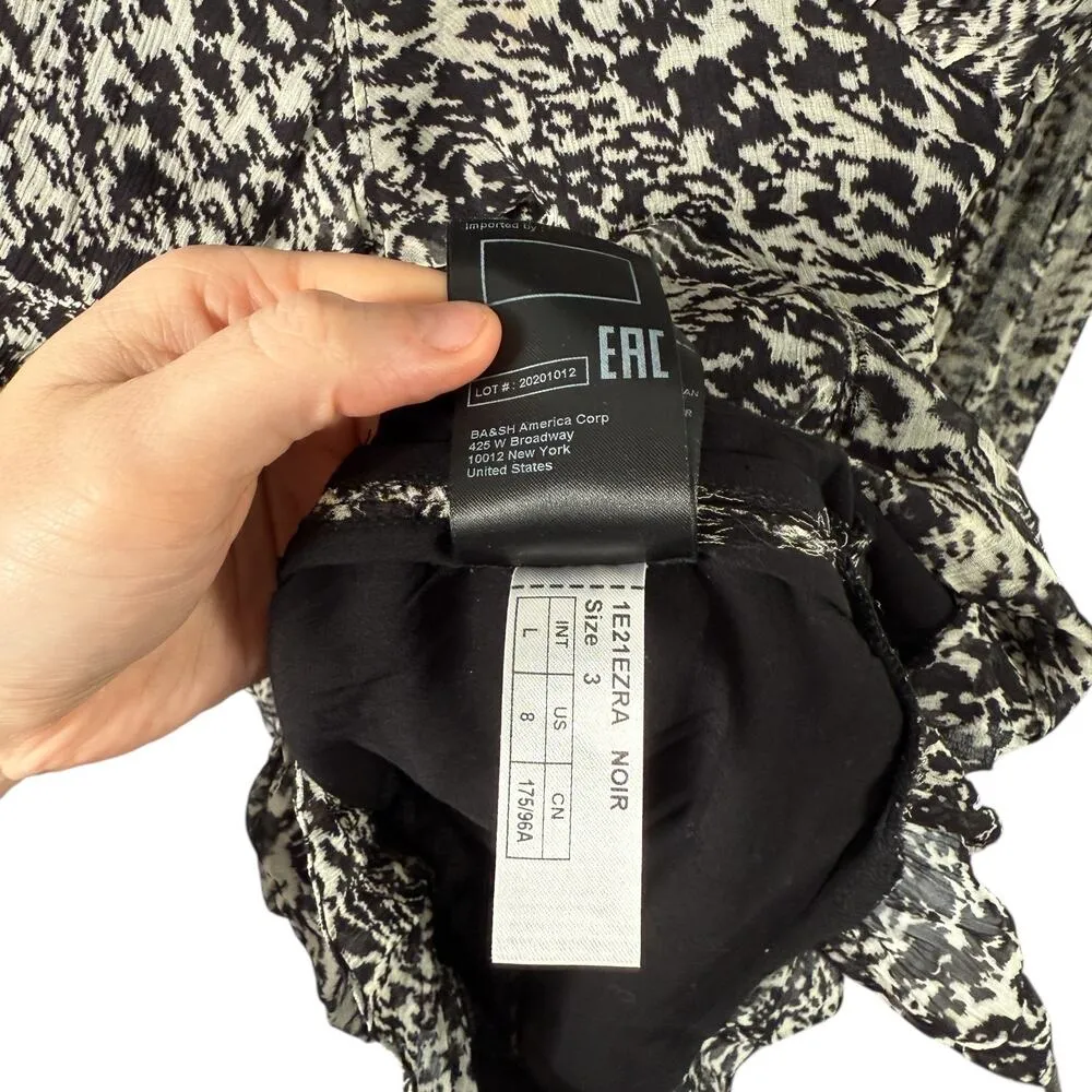 ba&sh Robe Ezra Noir Black White Mini Dress Ruched Chiffon Womens 3 US Large - Image 9