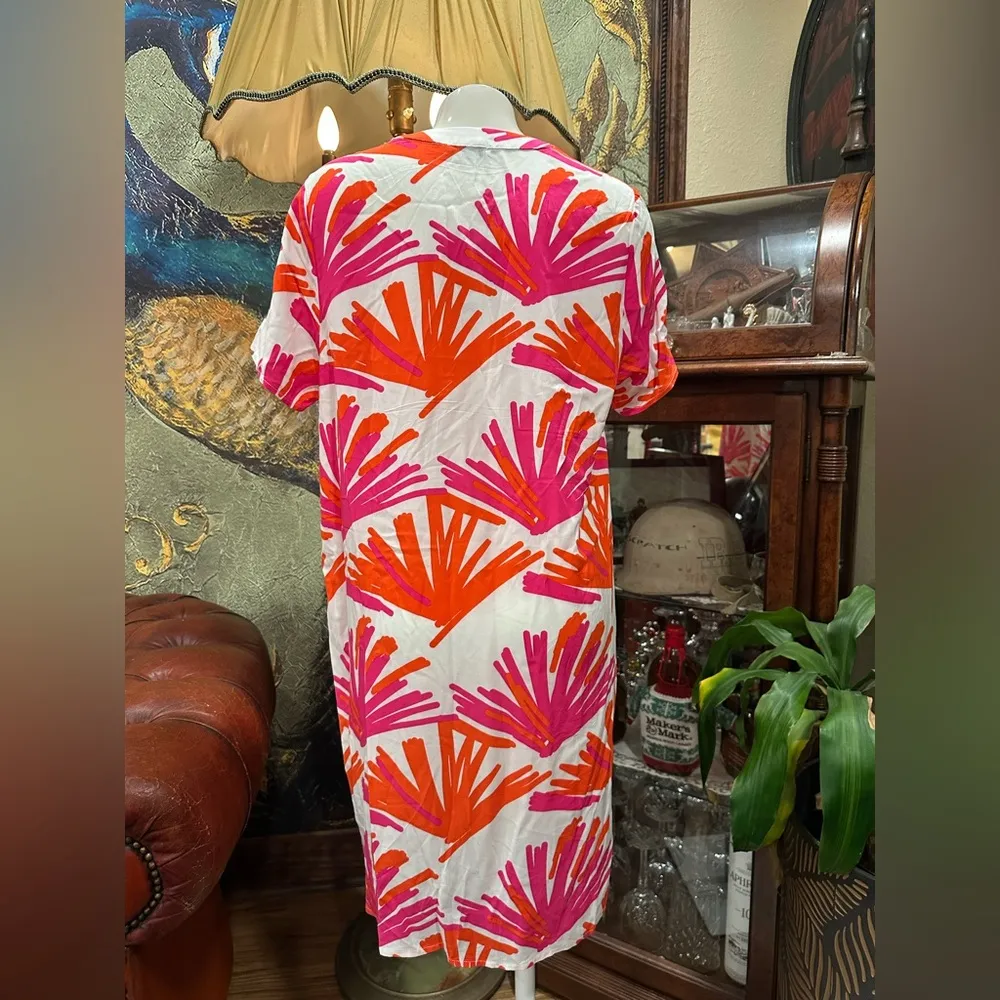 NWT MARY SQUARE Chic Pink and Orange Midi Dress short SLEEVE Size M - Image 2