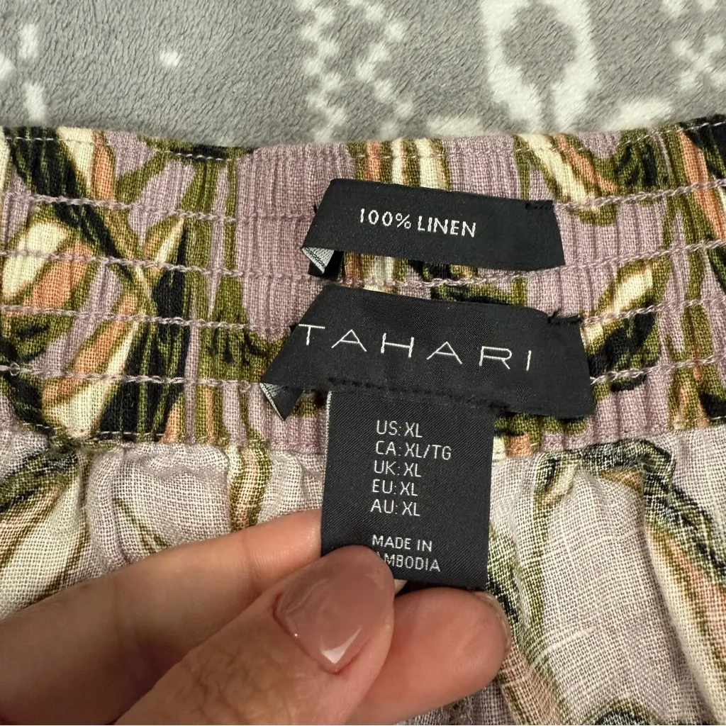 Tahari 100% Linen Wide-Leg Cropped Leaf Pants Elastic Waist Pull On Size XL - Image 6