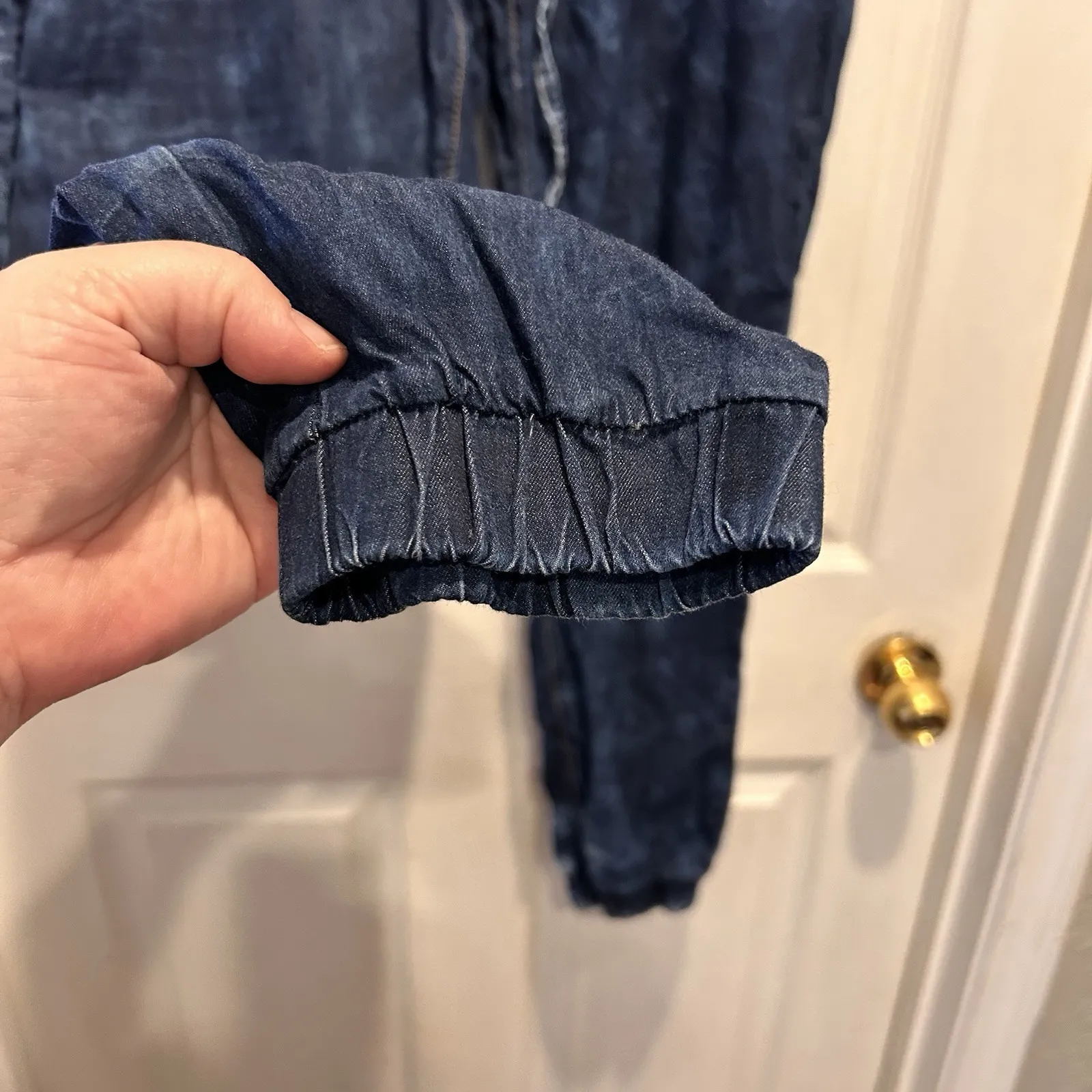 Rue21 Denim Joggers Women Size Large Drawstring‎ Elastic Waist Blue Beachy Boho - Image 3