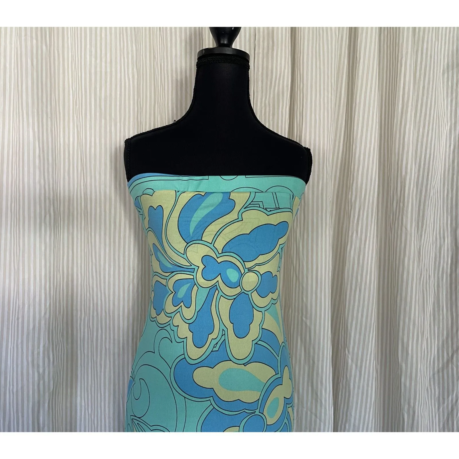 Hale Bob Wmns Strapless Maxi Dress S Blue Green Geometric Floral Boho Y2K Resort - Image 5