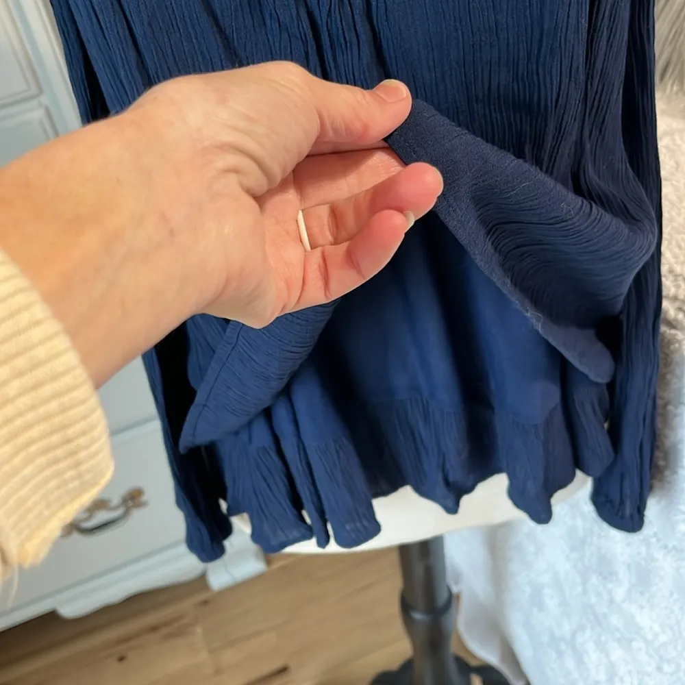 Feminine Navy Blue Gauzy Criss Cross Open Back Top - Image 4