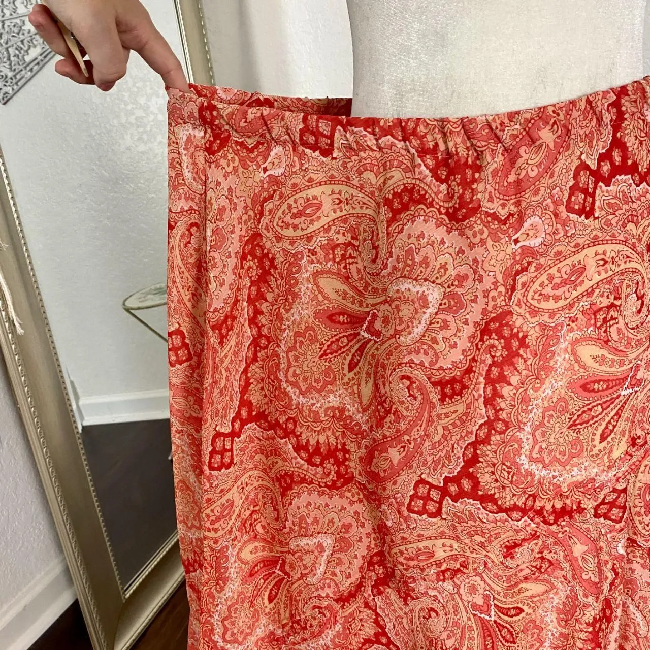 Early 2000's Frilly Ruffle Orange Pink Paisley Mesh Asymmetric Midi Skirt 16W XL - Image 5