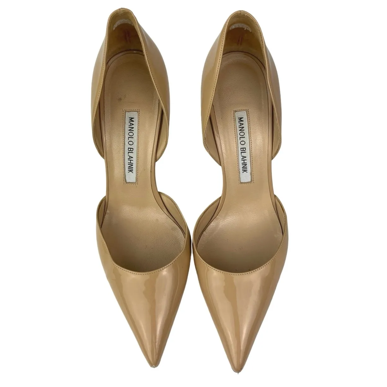 Manolo Blahnik Beige Pointed Toe Patent Leather Slip On D'Orsay Pump Heels Sz 8 - Image 2