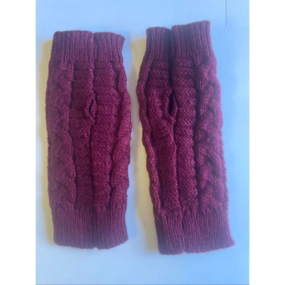 Women’s Cable Knit Fingerless Gloves Burgundy One Size Red - Image 3