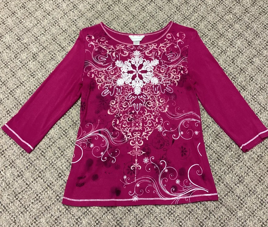 Christopher & Banks Hot Pink Fuschia Silver Snowflake Embellished 3/4 Sleeve Top - Image 1