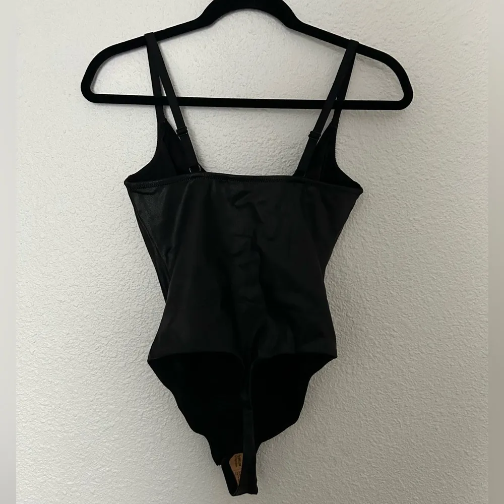 Popilush Faux Leather Plunging V Sculpting Corset Bodysuit Black - Image 3