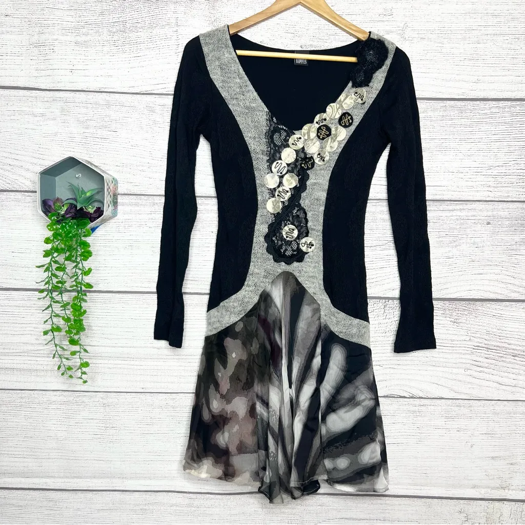 Legatte Italian Designer Silk Mixed Media Black & Gray Whimsy Goth Dress Size 6 - Image 11