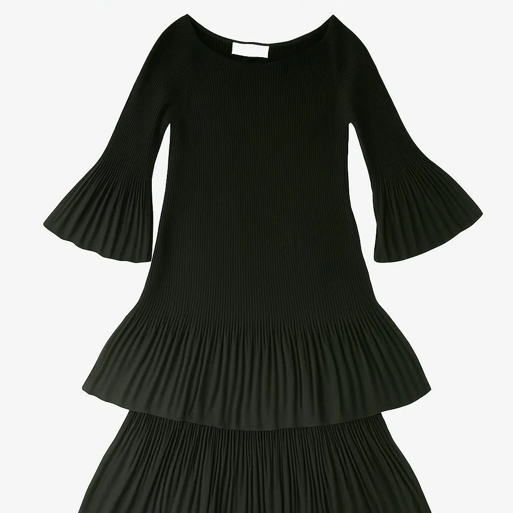 Adrienne Vittadini Black Tiered Midi Dress Pleated Bell Sleeves‎ Size 10 Ribbed - Image 2