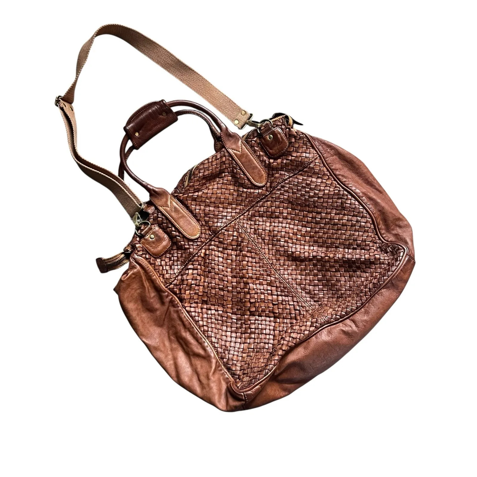 Bruno Magli Woven Leather Satchel Weekender Travel Bag Cognac Brown - Image 4