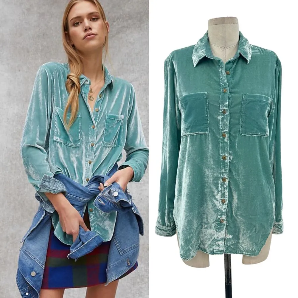 Anthropologie Pilcro Mara Relaxed Velvet Buttondown Top Teal‎ Blue Size US 2 - Image 2