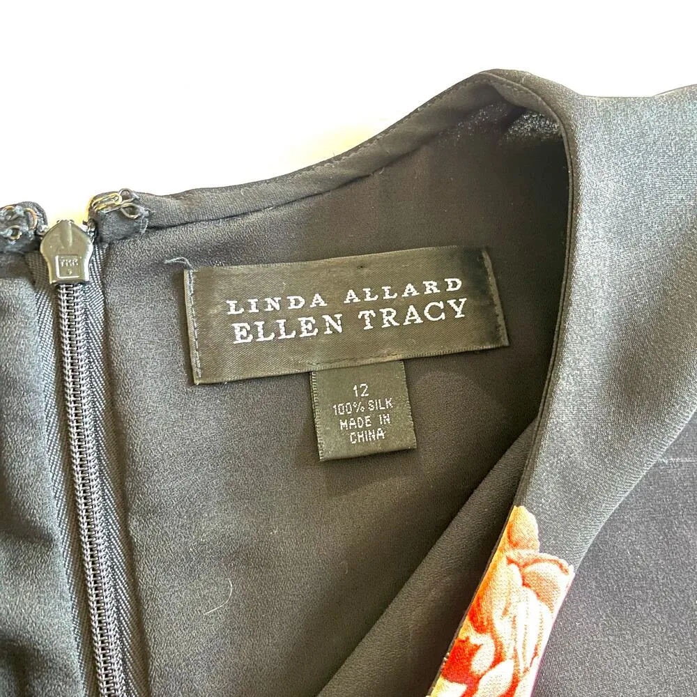 Vintage Linda Allard Ellen Tracy silk black floral print swing shift dress sz 12 - Image 5