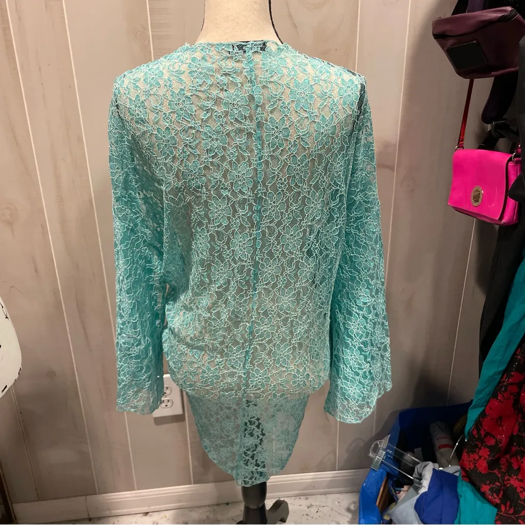 Vintage aquamarine lace tie front wrap top kimono robe swim coverup sheer fairy Blue Size 3X - Image 7