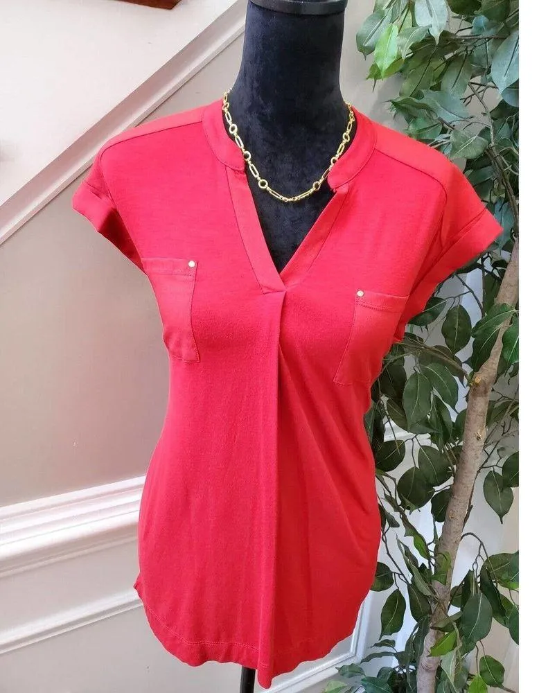 Calvin Klein Women's Red Solid Rayon V-Neck Short Sleeve Top Blouse Size Small - Image 2
