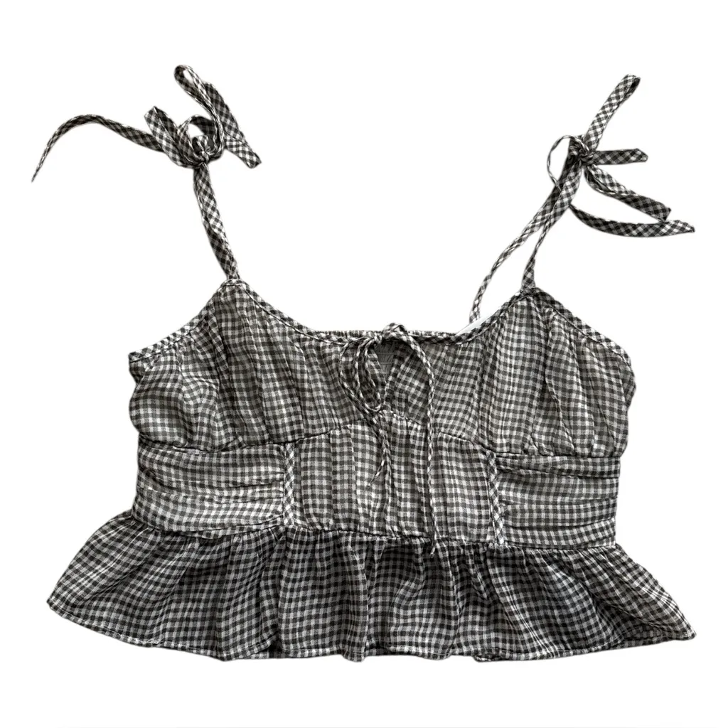 American Eagle  2024 Smocked Gingham Babydoll Tie Crop Top | Brown | Large - Image 3