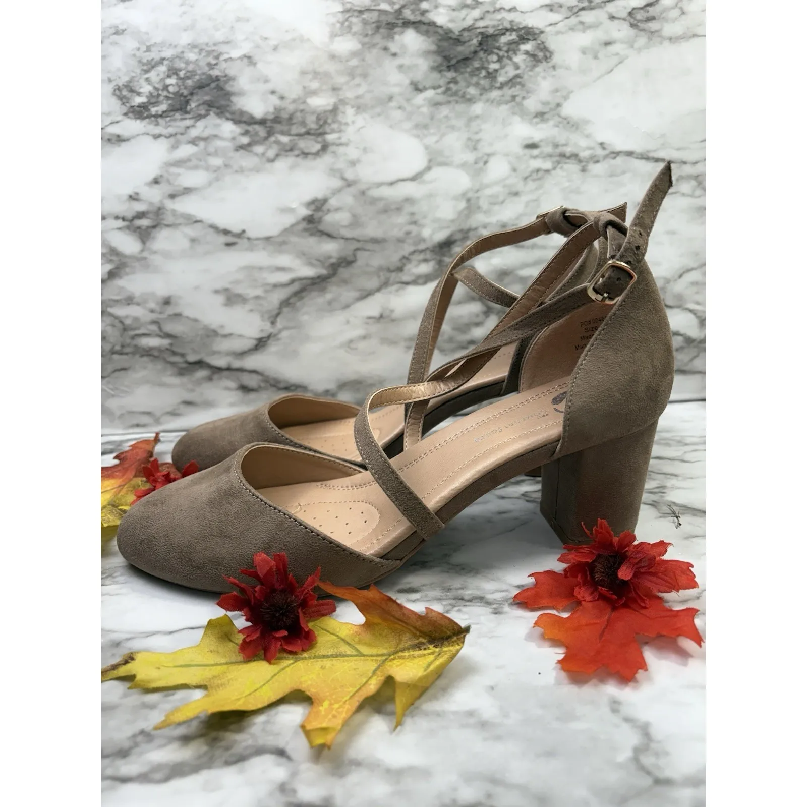 Taupe Faux Suede Block Heel Pumps‎ Womens Size 10 Ankle Strap Closed Toe Comfort Brown - Image 11