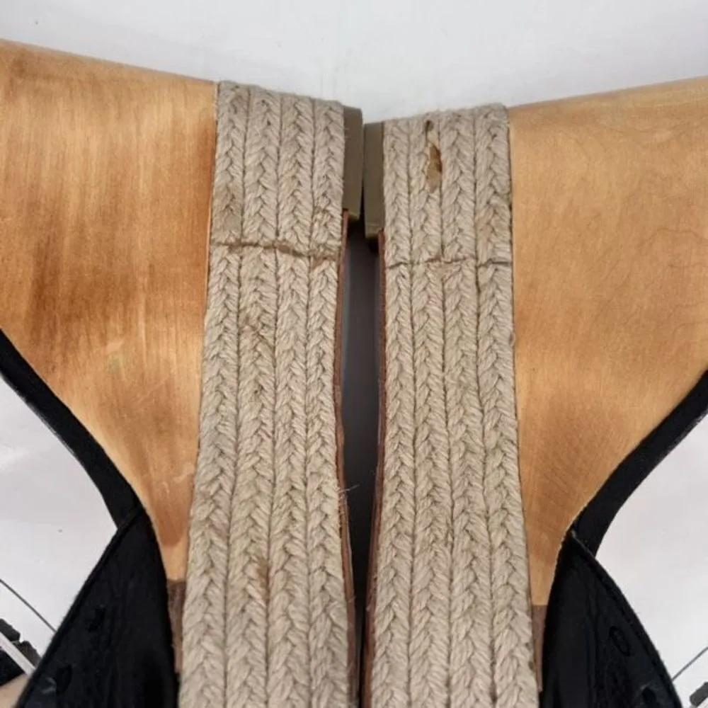 Coach Gala Black Leather Wedges Espadrille Wood Size 10 Peep toe T Strap Sandals - Image 4