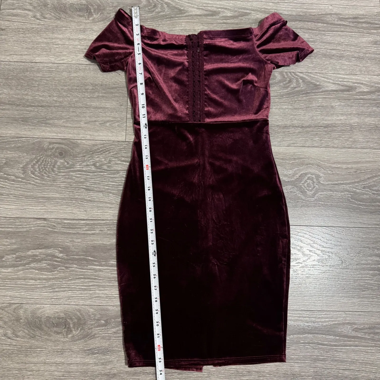 Olive Tree Velvet Choker Neck Off Shoulder Dress Burgundy Lace Detail Gothic M - Image 12