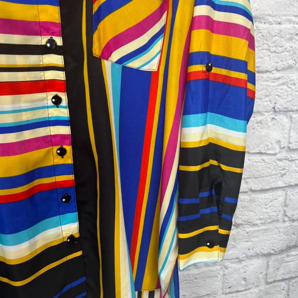 Vintage Mishca Striped Roll Tab Tunic Blouse Swim Cover Up Size L Bright 90s Black Size L - Image 8