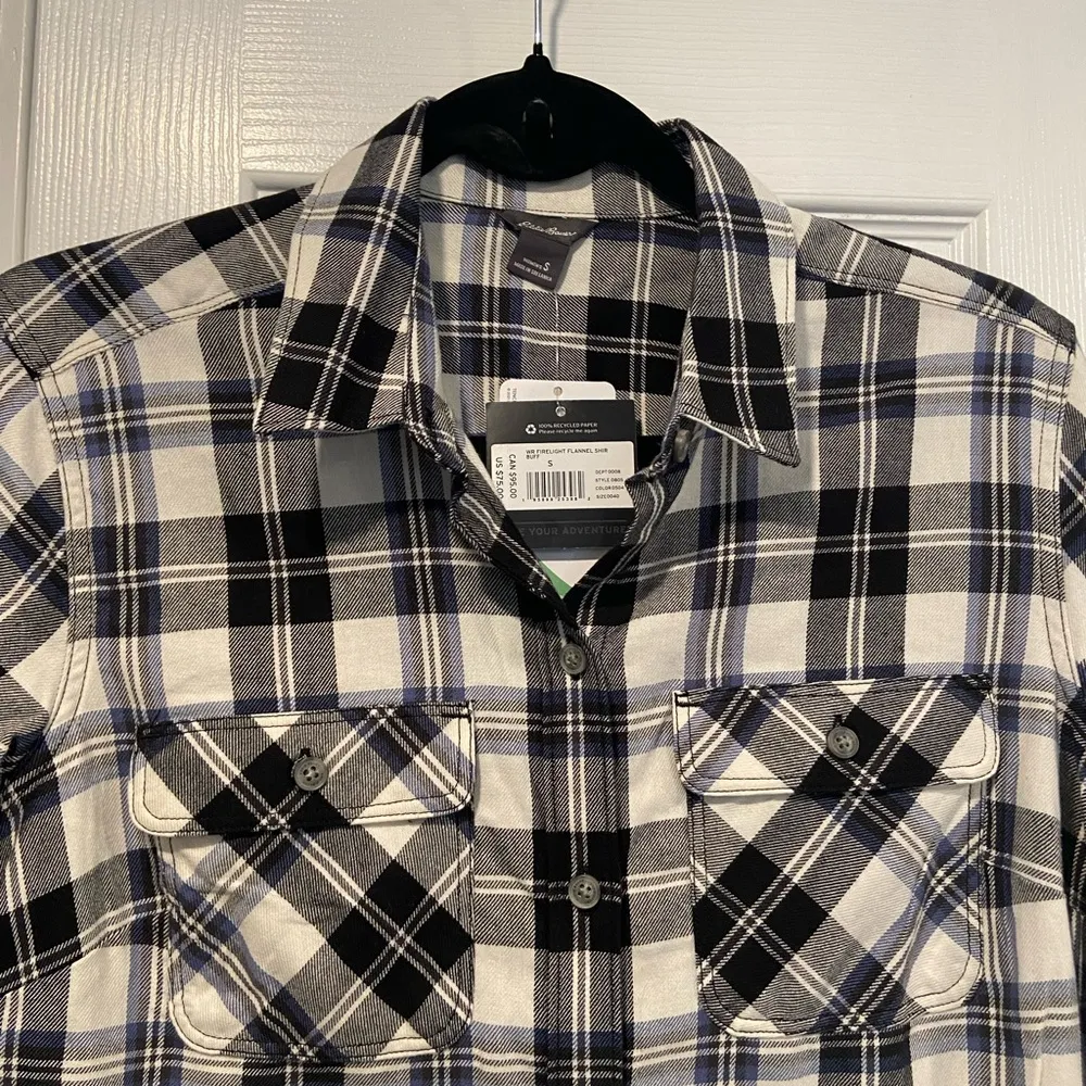 NWT Eddie Bauer Size S Black Blue Plaid Flannel Long Sleeve Button Down Shirt - Image 4