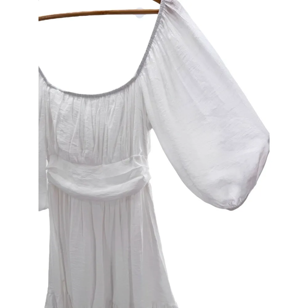 White Puff Sleeve Tie Back Ruffle Hem Mini Dress Medium Coastal Cowgirl Romantic - Image 4