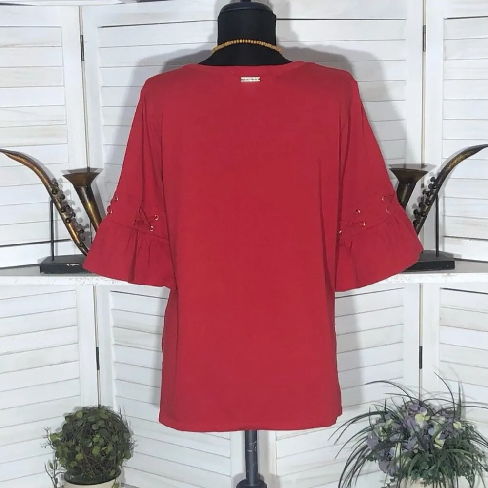 Michael Kors Modal Casual Tunic Blouse Bell Sleeves Side Slits Red sz L - Image 10