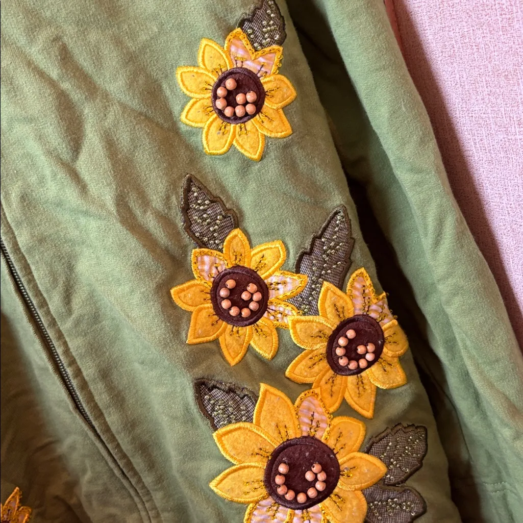 Mandalay Bay French terry Green Jacket with Sunflower Embroidery and beading xl - Image 2