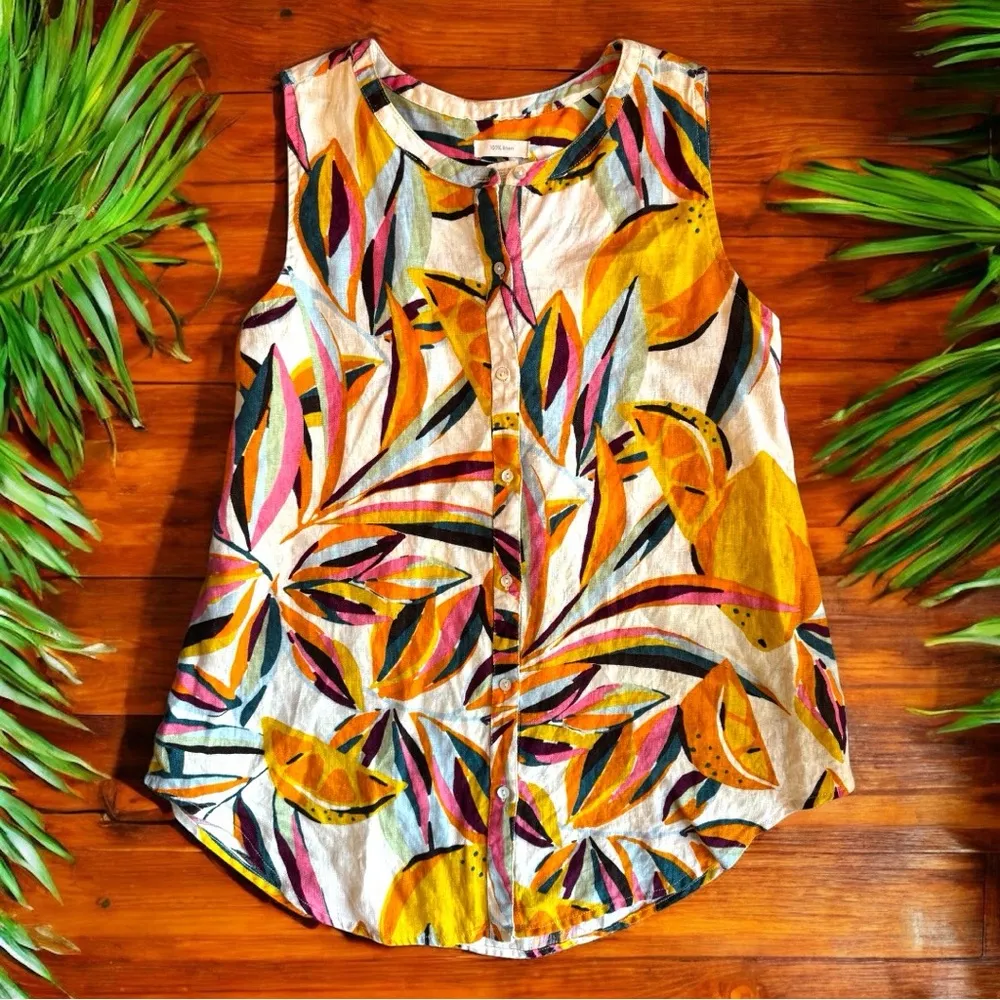 C&C CALIFORNIA 100% Linen Tropical Lemon Print Sleeveless Tunic Top - Medium - Image 5