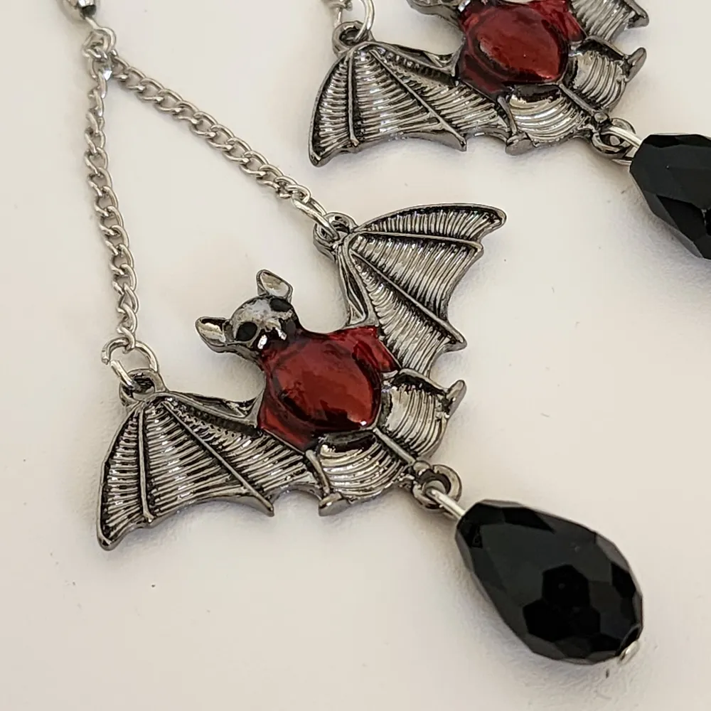 Silver Bat Chandelier Earrings with Crystal New Red - Image 2