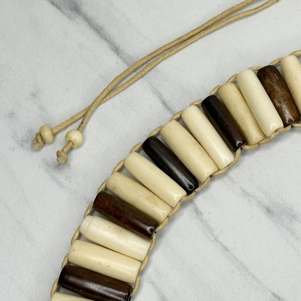 Wood Beaded Tie Belt Brown Cream Boho Statement Belt Medium (M) ✨ - Image 3