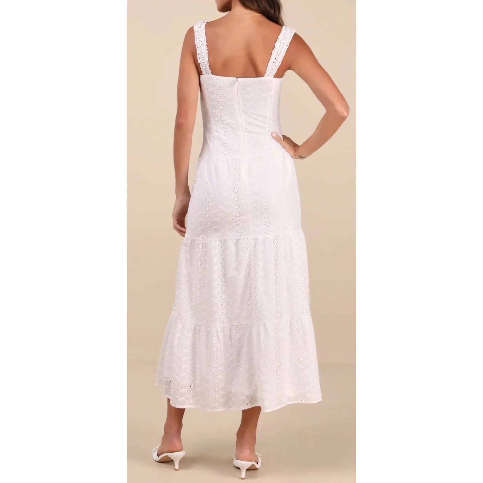 NWOT Lulus XL Nerissa White Eyelet Embroidered Ruffled Drop Waist Midi Dress - Image 2