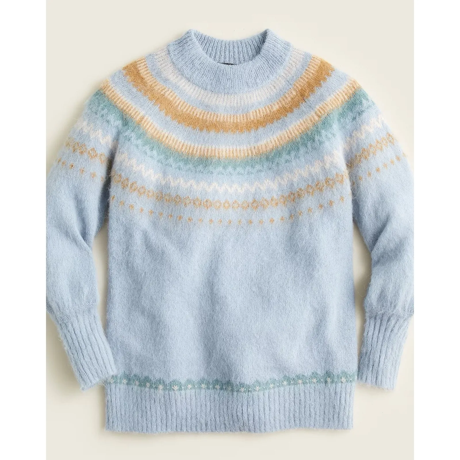 J Crew Fair Isle Yoke Puff Sleeve Sweater Blue Alpaca Wool Womens Medium - Image 2