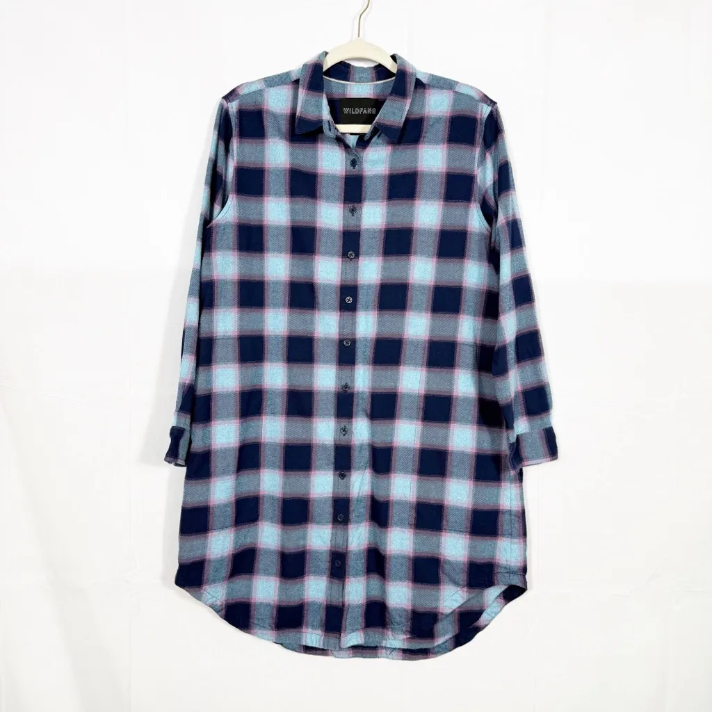 Wildfang The Essential Flannel Long Sleeve Shirt Dress Shacket Plaid Blue Pink Size M - Image 2