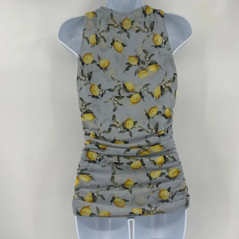 Y2K Lemon Print Coquette Mesh Ruched Sleeveless Top Sz M Fruit Cottage Euro - Image 7