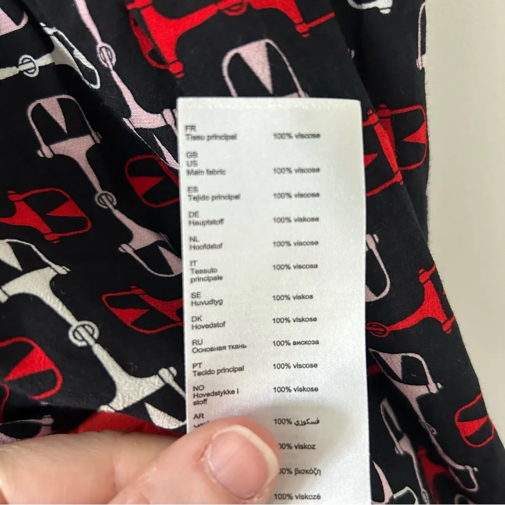 Maje Smocked Satin Horsebit Sleeveless Scarf Print Black Red Asymmetrical Hem 36 - Image 8