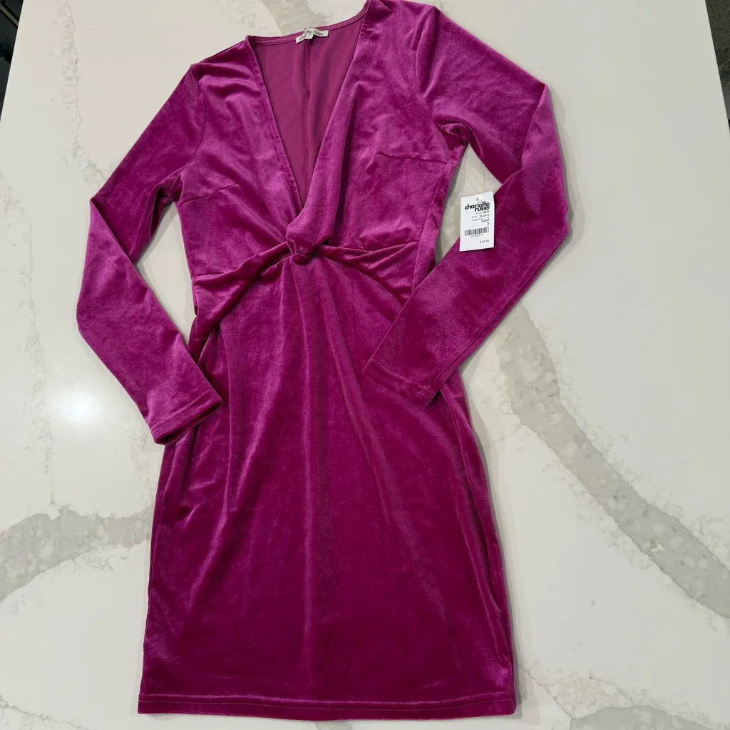 Y2K Charlotte Russe NWT Velour LongSleeve Plunge Mini Dress Womens Small Magenta - Image 2
