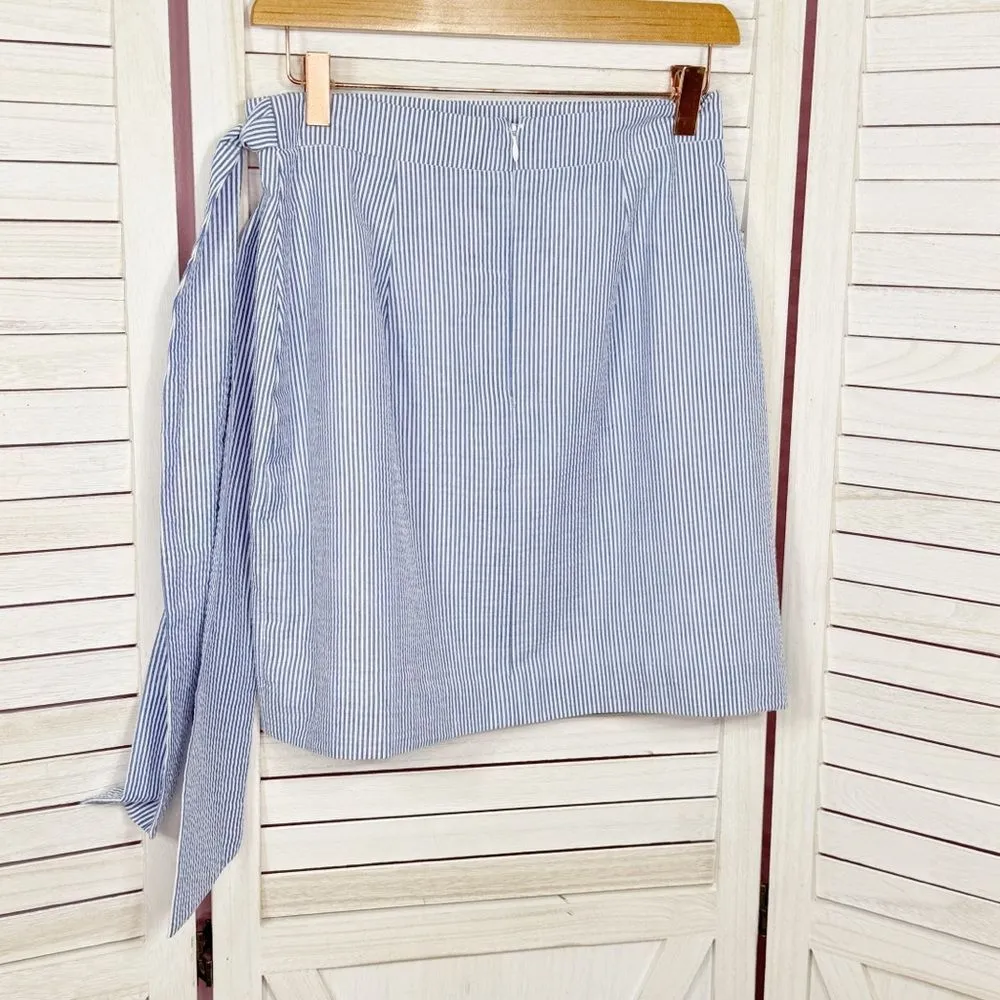Lauren James‎ Striped Seersucker Faux Wrap Skirt Blue White Medium - Image 10