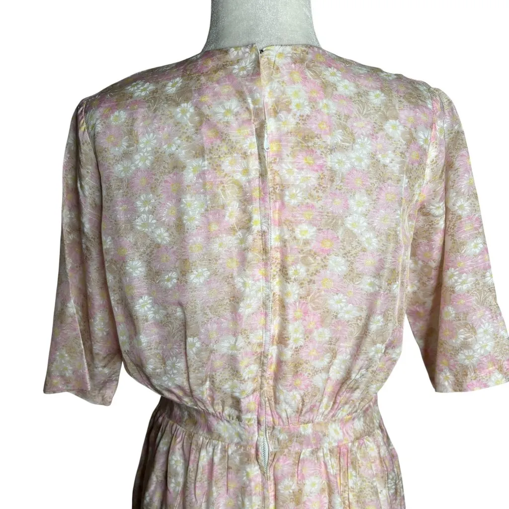 Vintage 50s Sheer Floral Day Dress Small Beige Pink Metal Zipper Short Sleeves - Image 5