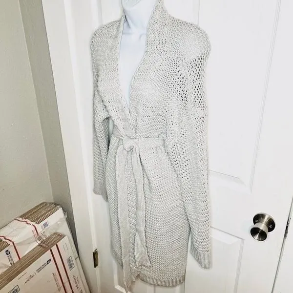 Miracle Relax More Grey Midi Cardigan Tie Chunky Knit M/L - Image 7