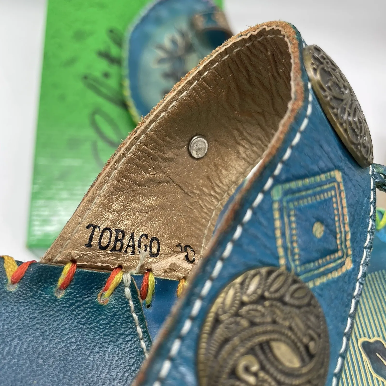 Elite By Corkys Womens 10 Sandal Tobago Teal Floral Tropical Brass Accents Slide Blue - Image 12