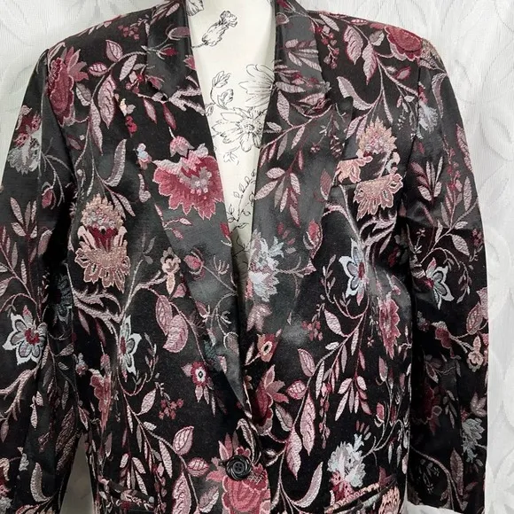 Jessica‎ McClintock Black Floral Brocade Blazer Jacket Size 8 - Image 7