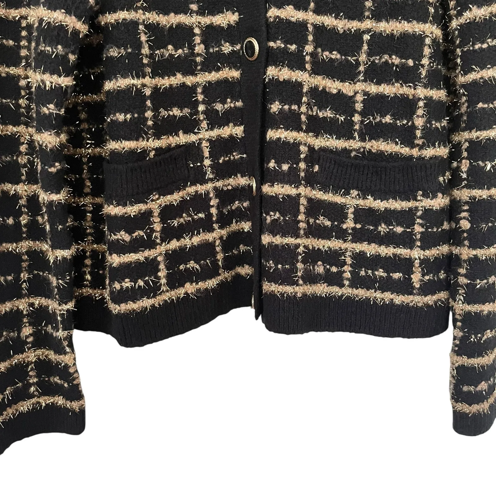 Talbots Bouclé Plaid Cardigan Black & Gold Metallic Preppy Sweater Jacket Size L - Image 4