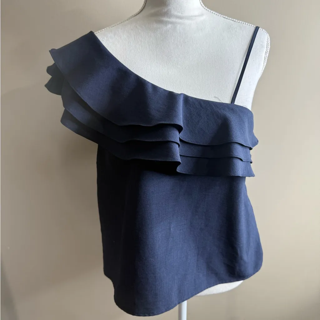 J.O.A. Navy Ruffle One-Shoulder Blouse medium - Image 4